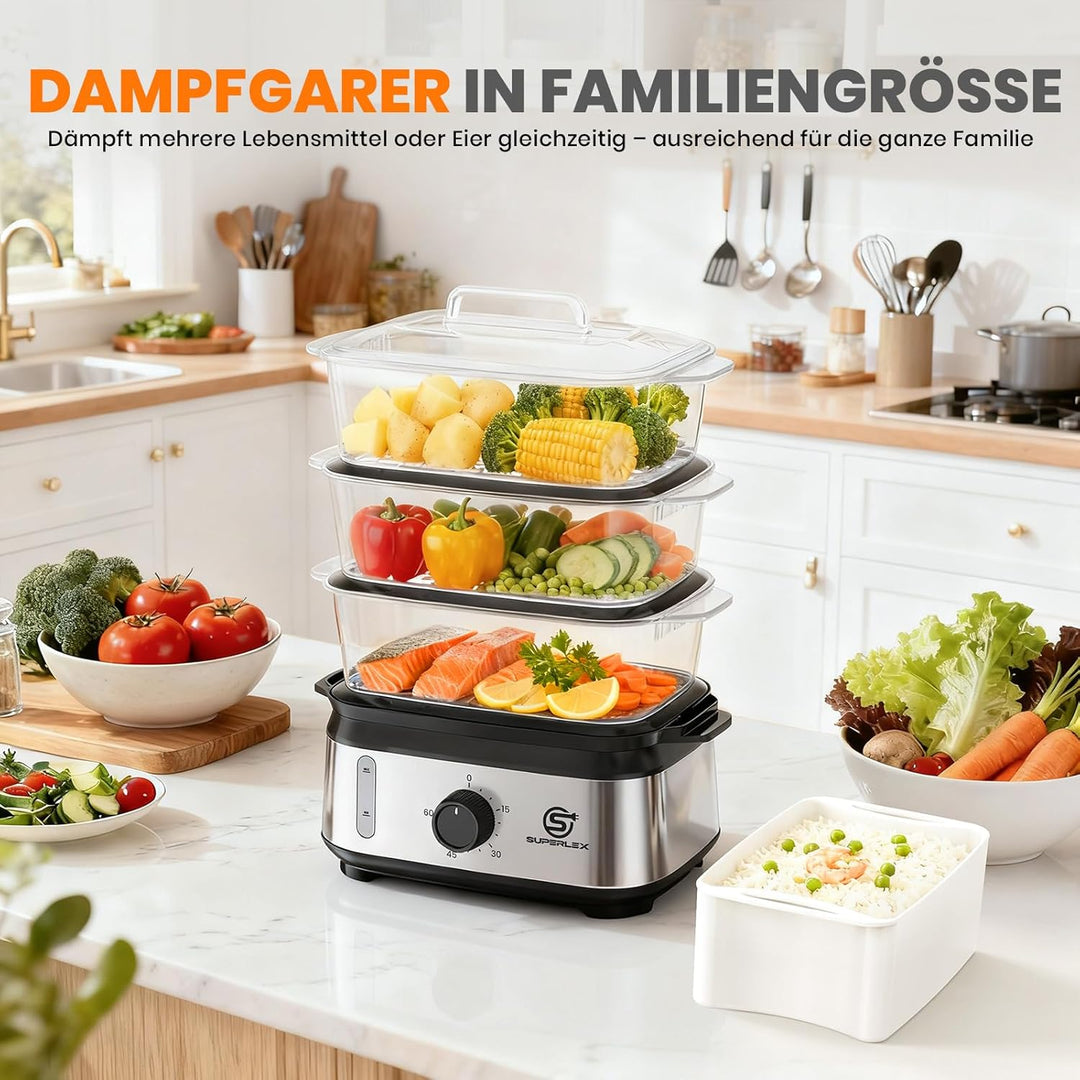 Dampfgarer Elektrisch 950W 3 Schichten 9L Kapazität Mit 60 Min Timer Antihaft Heizplatte Spülmaschin