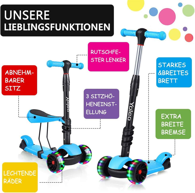 YOLEO 3-in-1 Kinder Roller Scooter mit Abnehmbarem Sitz, LED grosse Räder, Höheverstellbare Lenker f