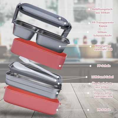 Premium Lunchbox Erwachsene und Kinder inkl. Tragetasche und Besteck Bento box Edelstahl Brotdose Ki