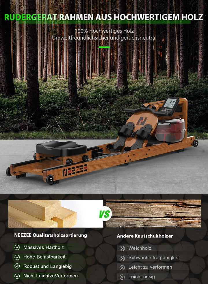 Neezee Wasser Rudergerät für Zuhause, Klappbar Rudergerät aus Massivholz, Rudermaschine mit Bluetoot