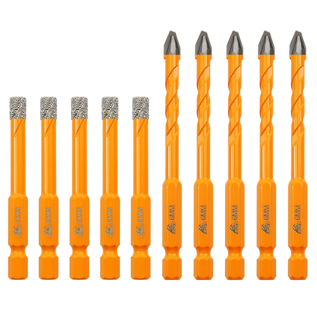 Diamant-Fliesenbohrer & Hartmetall-Mauerbohrer 10er-Set - 10x6mm Präzisionsbohrer für Fliesen, Keram