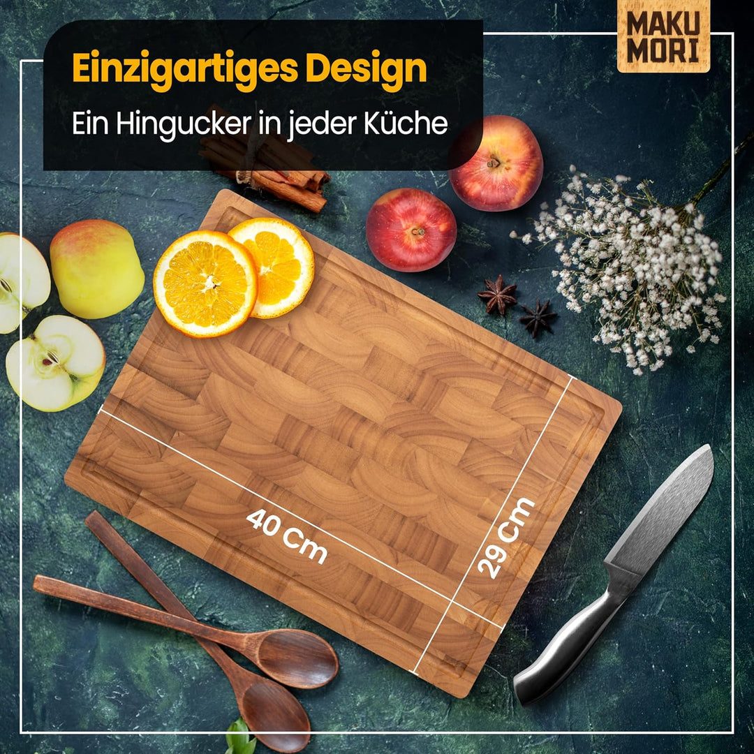 Premium Schneidebrett aus Massivholz, Stirnholz, End Grain 40x29x3cm - Aus leicht karbonisiertem Hev
