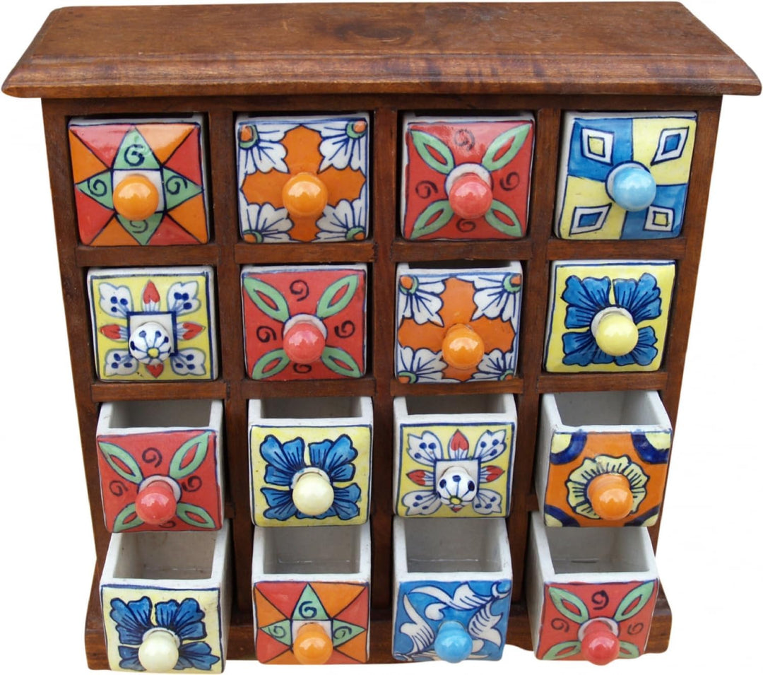 GURU SHOP Apothekerschränkchen mit Bunten Keramik Schubfächern - 4x4 Fächer, Braun, 32x32x10 cm, Dos