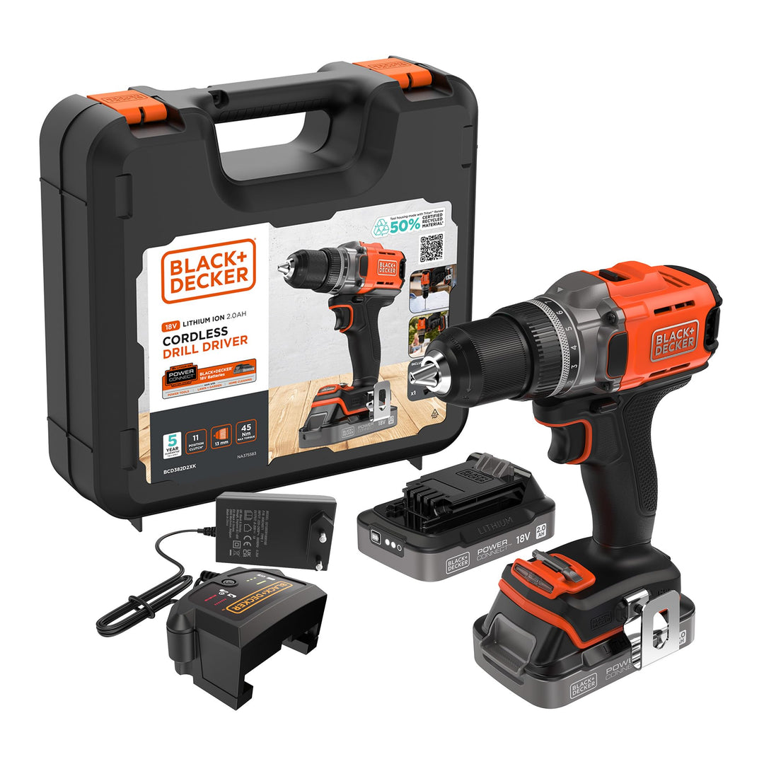 BLACK+DECKER POWERCONNECT 18V Akku-Bohrschrauber mit 2 x 2,0-Ah-Akkus, 1-A-Ladegerät und Kitbox, BCD