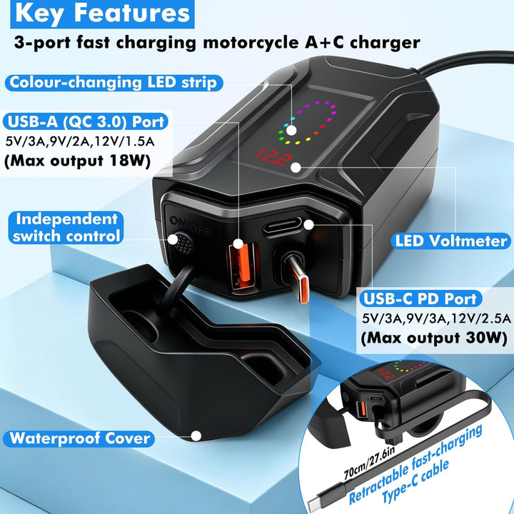 USB Steckdose Motorrad mit Einziehbarem Kabel, PD und QC3.0 Adapter, Motorrad USB Steckdose Wasserdi