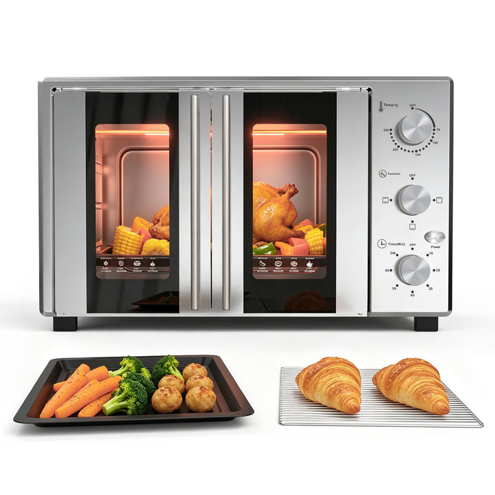 Minibackofen 38 Liter, Pizzaofen Elektrisch 1600W mit Doppeltür, 3 Heizmodi, 70°C-250°C Thermostat u