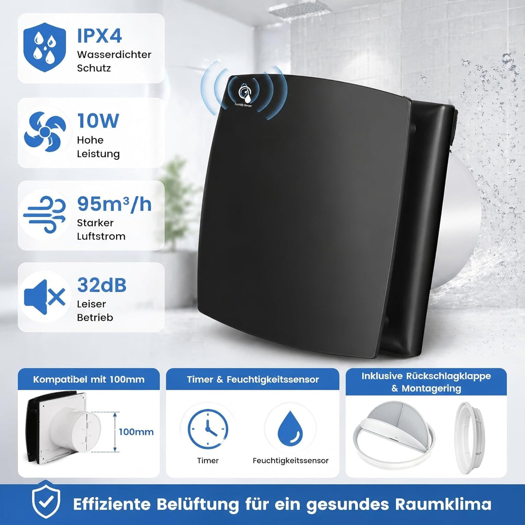 Hose Vary Schwarz Badlüfter 100mm, Leise Abluftventilator 12W 120m³/h Fensterventilator Abluft mit R