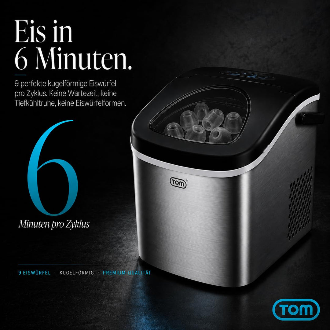 TOM Eiswürfelmaschine – 9 Eiswürfel in 6-8 min – 12 kg/24 h – 2 Würfelgrössen – Ice maker Eiswürfelm