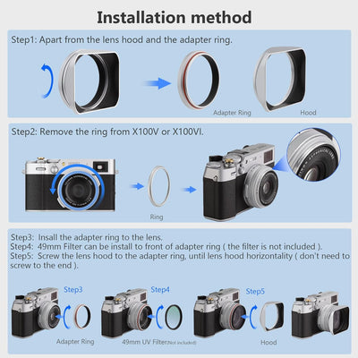 Haoge LH-X200S Gegenlichtblende aus Metall, quadratisch, mit 49 mm Adapterring, Metallkappe für Fuji