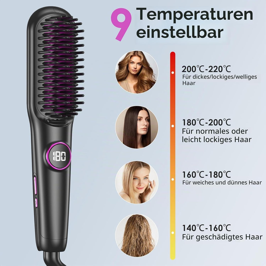 Glättbürste Keramik, Professioneller Glätteisen &amp; Haarbürste, Haarglätter Bürste 9 Temperaturen, Ion