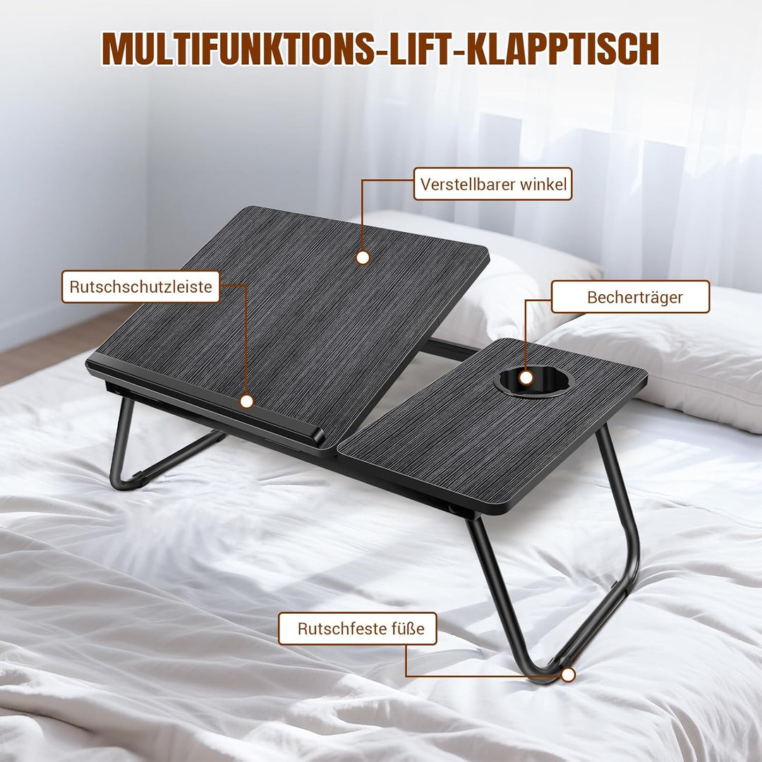 Klappbarer Laptop-Tisch mit Getränkehalter, tragbarer Betttisch für Laptop, Lesen, Essen & Arbeiten,