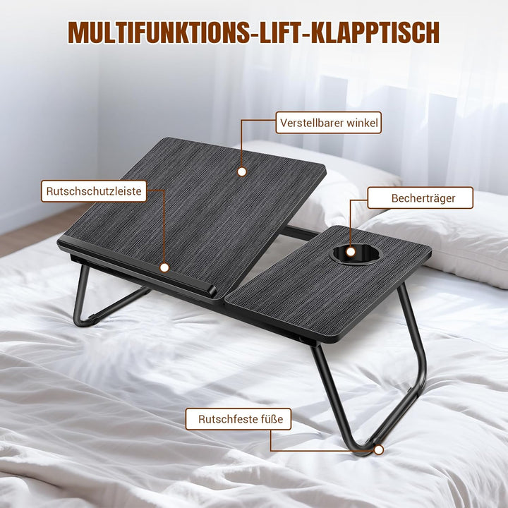 Klappbarer Laptop-Tisch mit Getränkehalter, tragbarer Betttisch für Laptop, Lesen, Essen & Arbeiten,