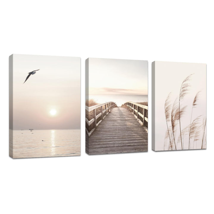 3 Teilig Strand Sonnenuntergang Bilder Set, Aesthetic Natur Landschaft Wandbilder mit Rahmen, Modern
