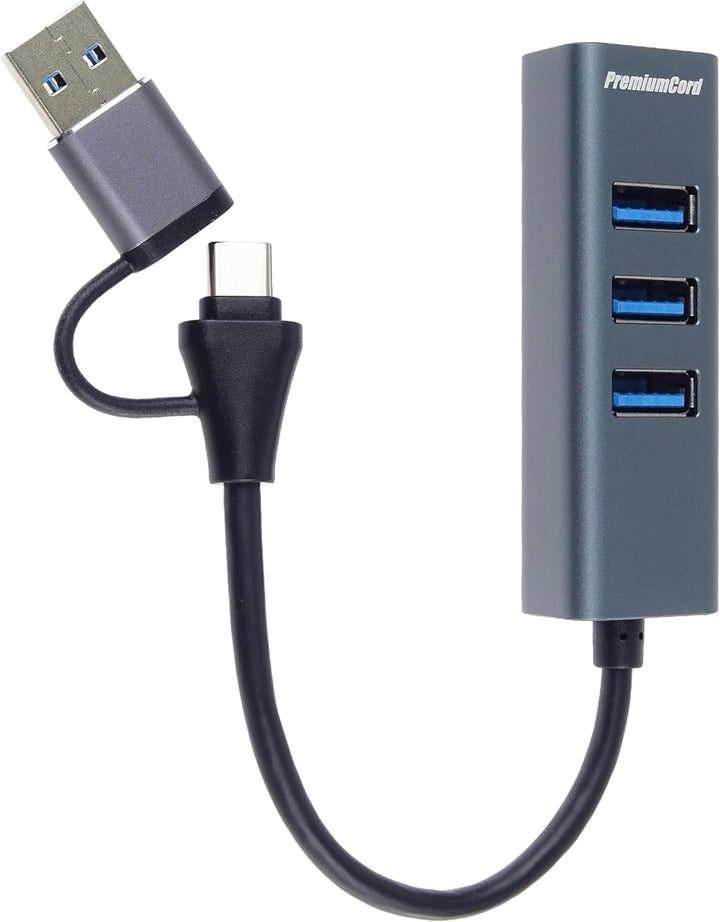 PREMIUMCORD SuperSpeed USB 2in1 Hub auf 4X USB A, Datenübertragung 3.2 Gen1 5Gbit/s, Typ-C Steck