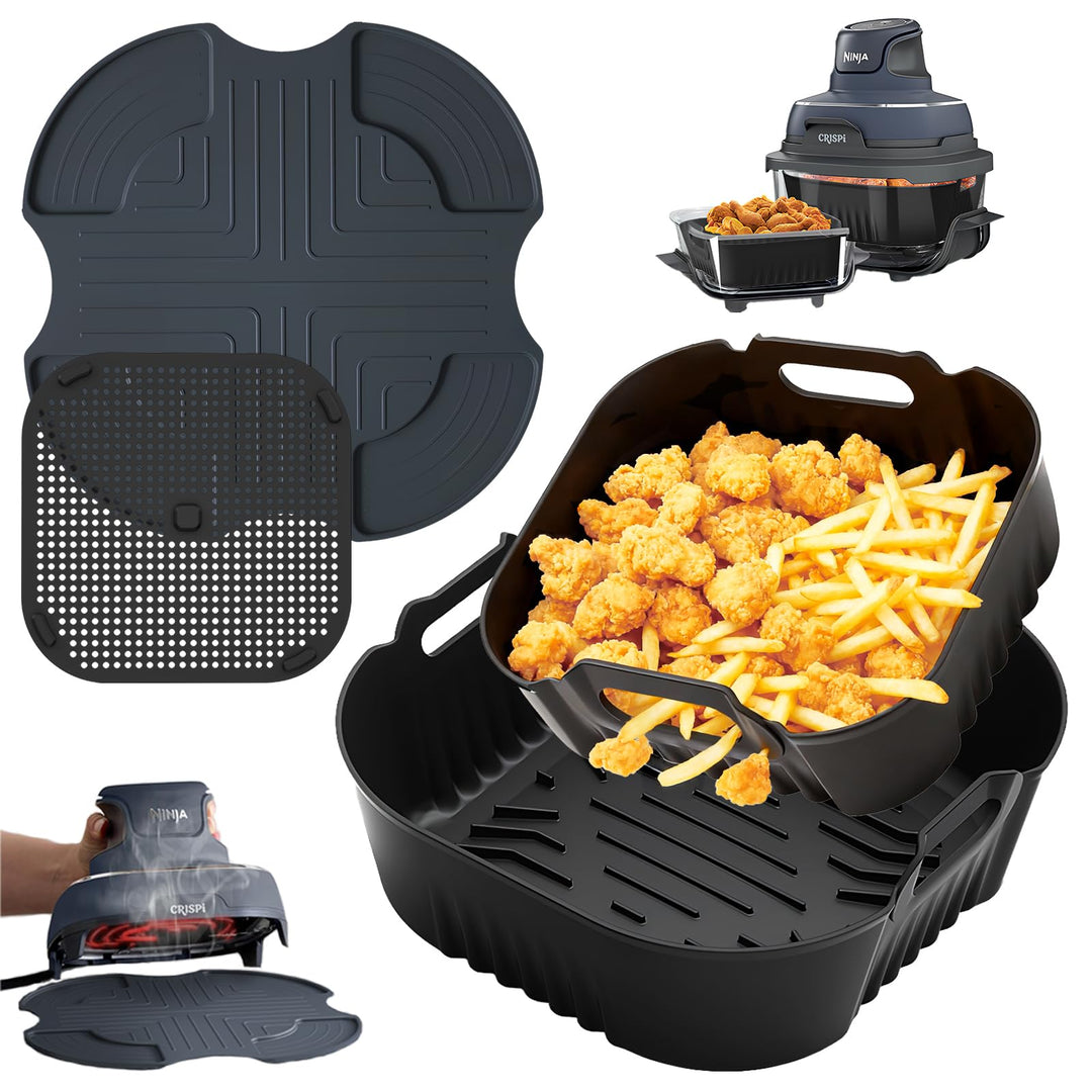 Airfryer Zubehör für Ninja CRISPi FN101EU, 2 Stück Silikonform mit Spritzschutz & Silikonmatten, Hei