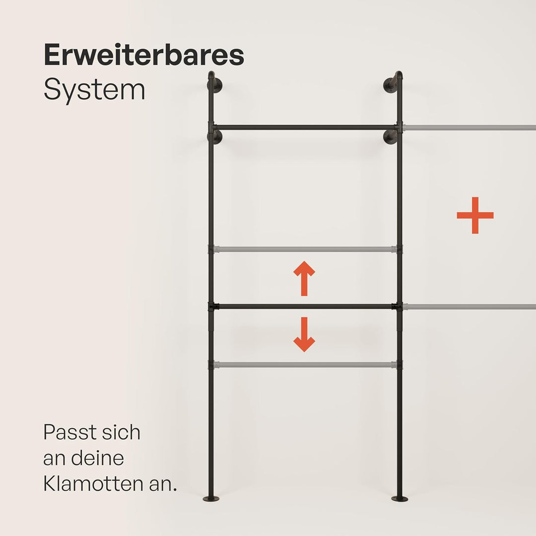 pamo Kleiderstange Wandmontage 392 x 222 cm - Begehbarer Kleiderschrank offen Kleiderständer industr