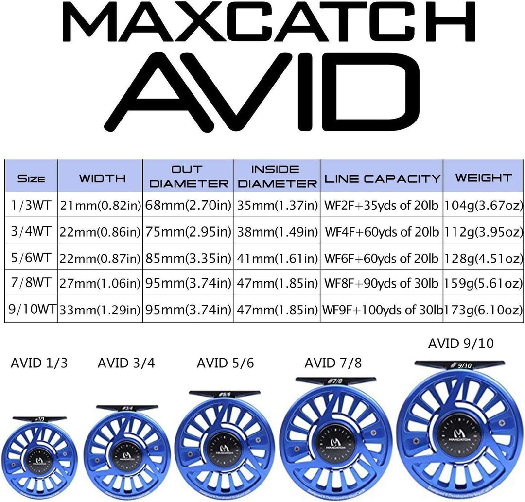MAXIMUMCATCH Fliegenrolle Avid Serie Fliegenfischen Rollen grosser Spulenkern in 1/3, 3/4, 5/6, 7/8,