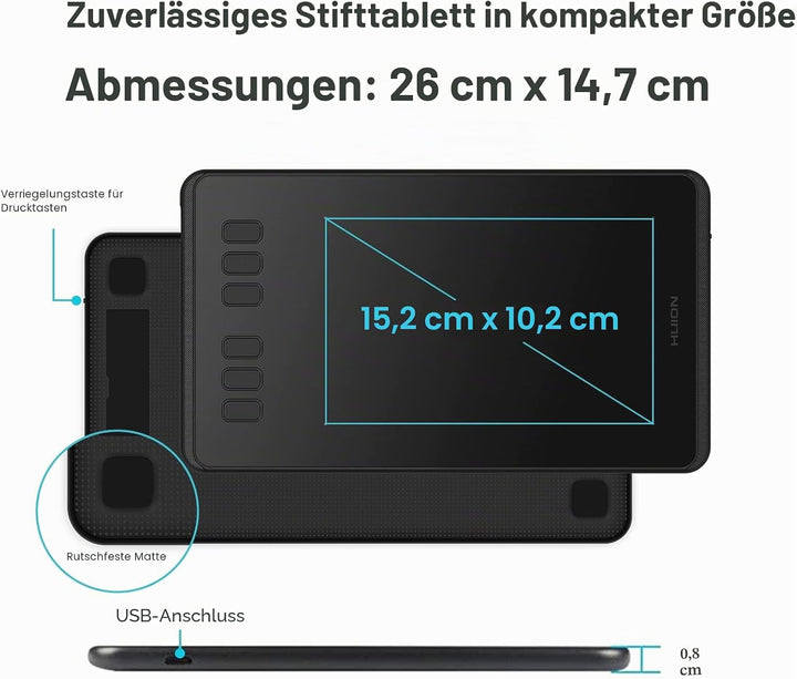 Huion H640P 8192 Drucksensitivität Grafiktablett mit batterielosem Stift und 6 anpassbaren Funktions