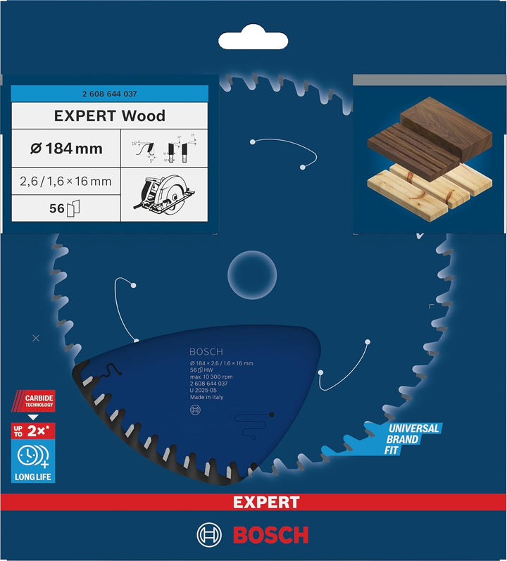 Bosch Professional 1x Kreissägeblatt Expert for Wood (Holz, Sägeblatt Ø 184 x 16 x 2,6 mm, 56 Zähne,
