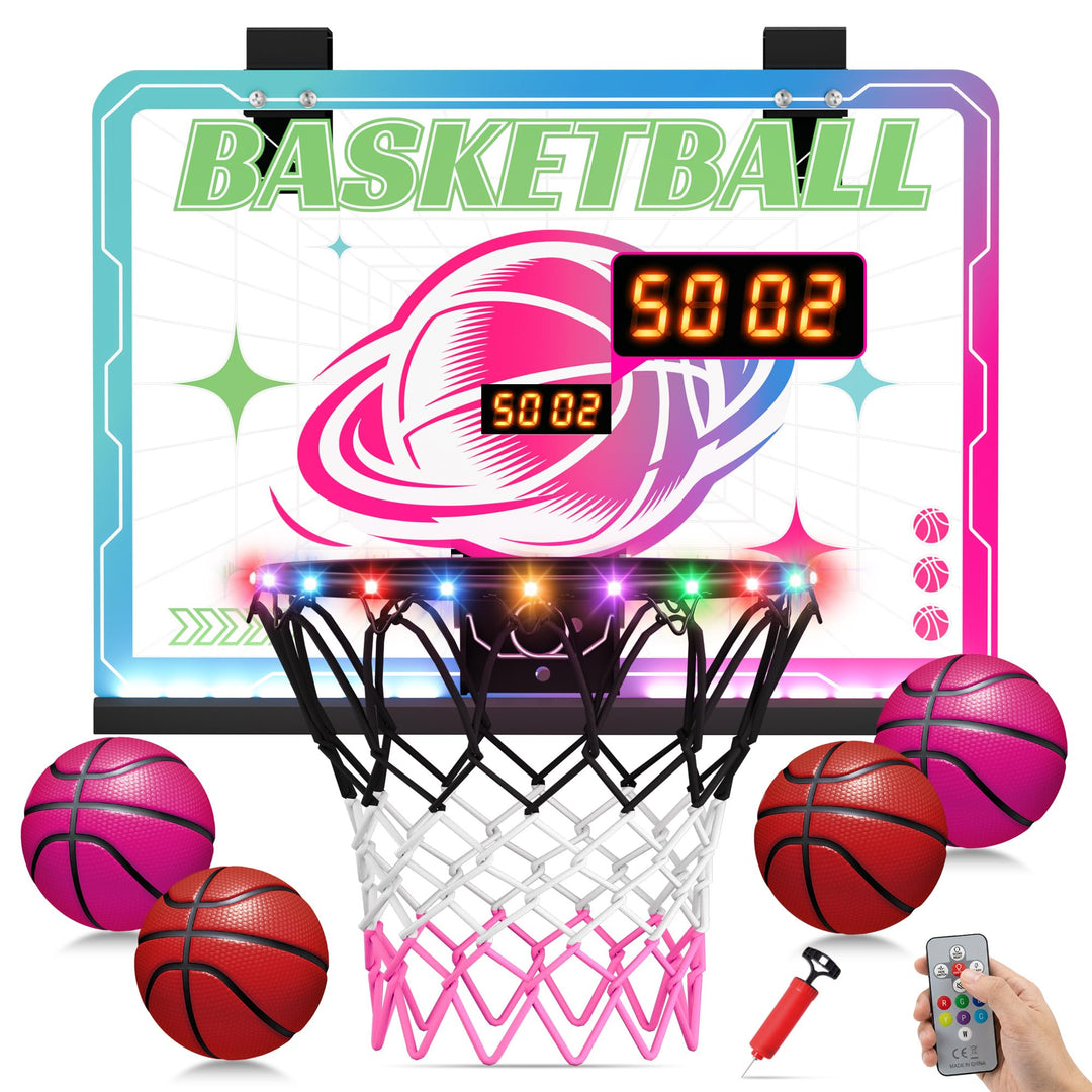 ROPODA Basketballkorb Indoor für Kinder, Mini Basketballkorb mit LED-Licht, Fernbedienung &amp; Anzeiget