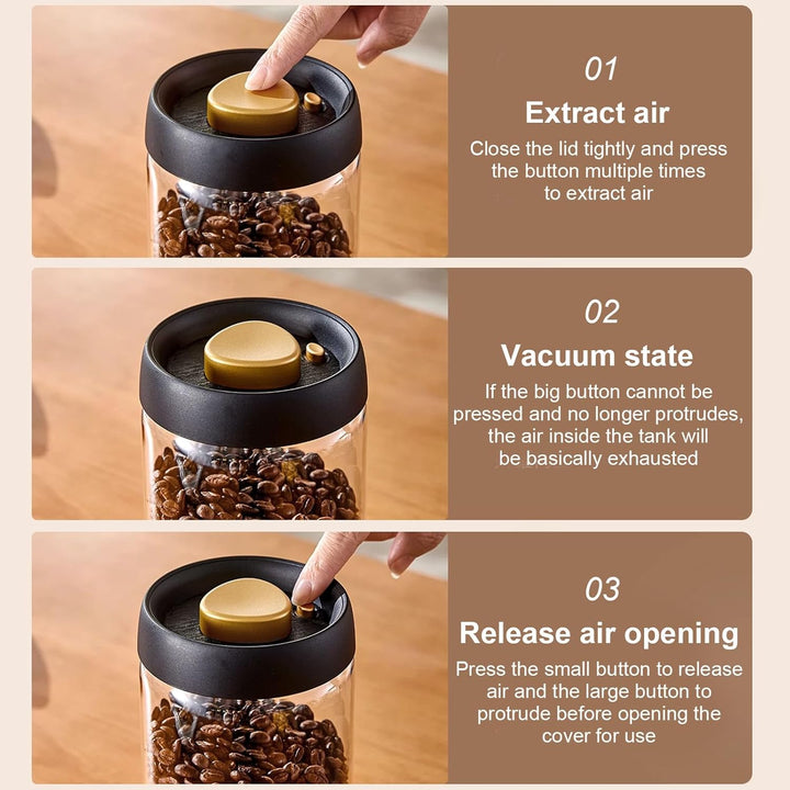 Vakuum-Kaffeedose 1800 ml, Kaffeedose Luftdicht aus Glas, Kaffeebohnenbehalter mit Vakuum Deckel, Au