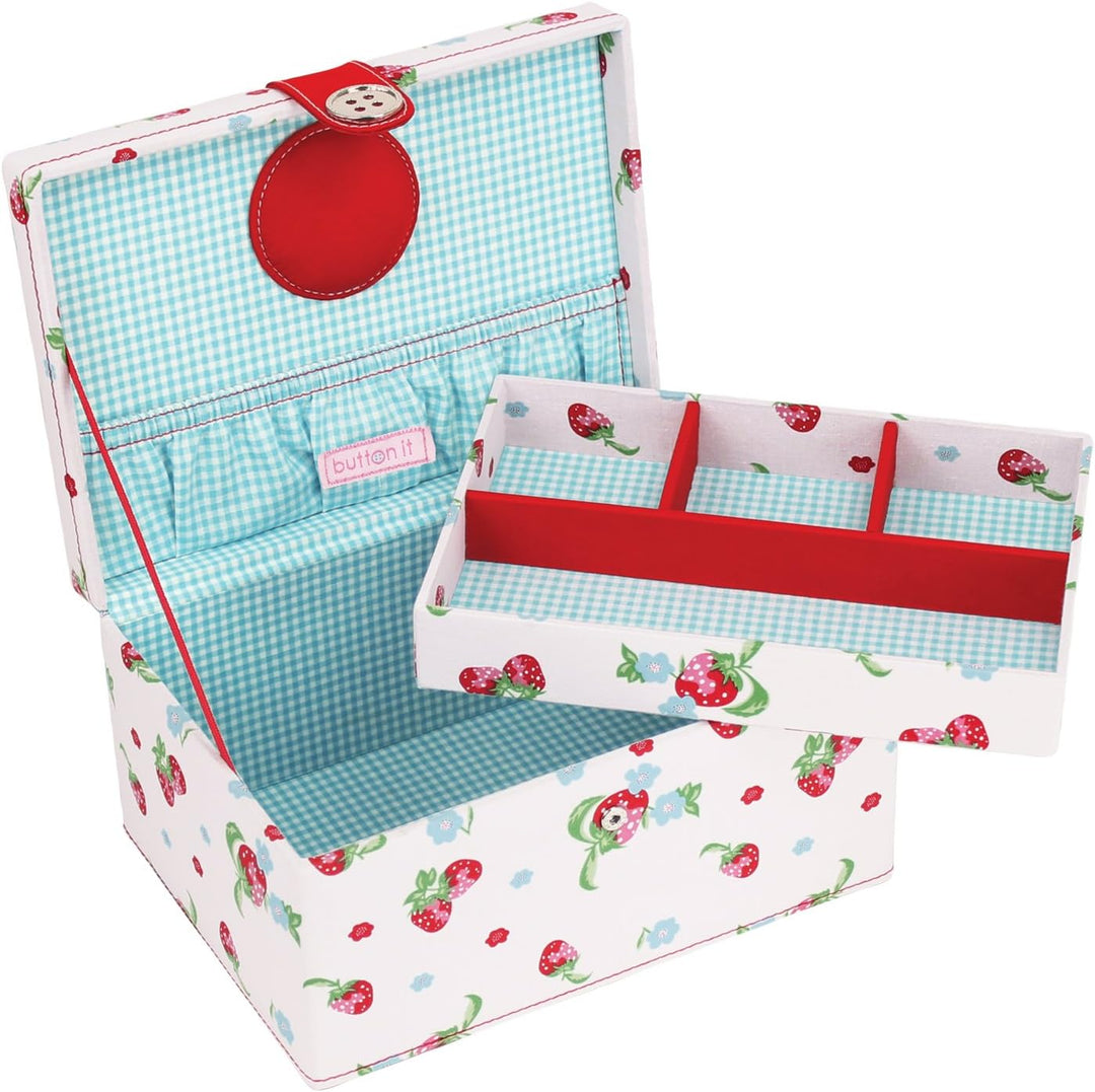 London Clock 82349 Nähkästchen Serie Erdbeeren, 12,5 x 24 x 17 cm, weiss/hellblau