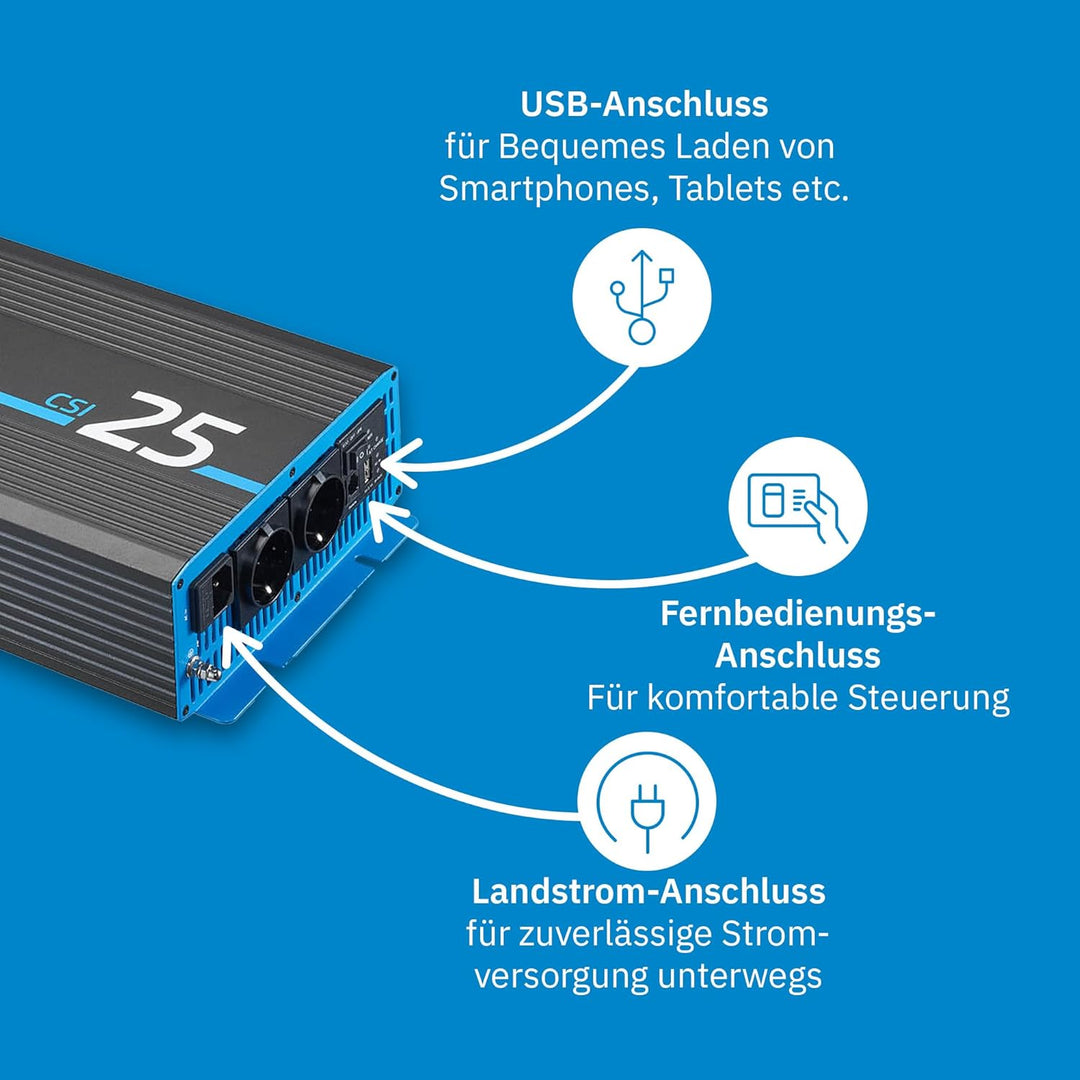 ECTIVE Reiner Sinsus Wechselrichter CSI 25-2500W, 12V auf 230V, USB, USV Funktion, Überhitzungsschut