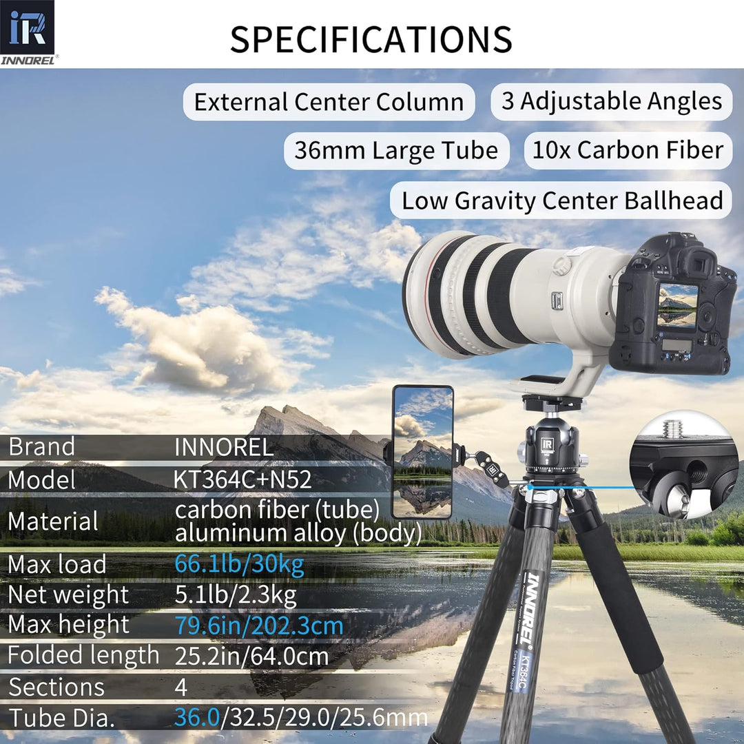 INNOREL KT364C Kompaktes Stativ aus 10 Lagen Kohlefaser Professionelles 36mm Rohr für Digitale DSLR-