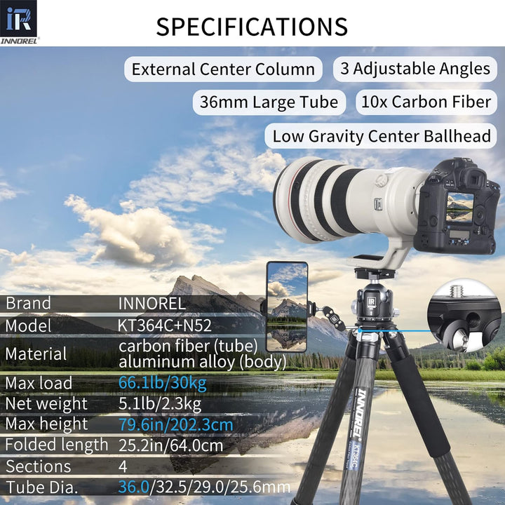 INNOREL KT364C Kompaktes Stativ aus 10 Lagen Kohlefaser Professionelles 36mm Rohr für Digitale DSLR-