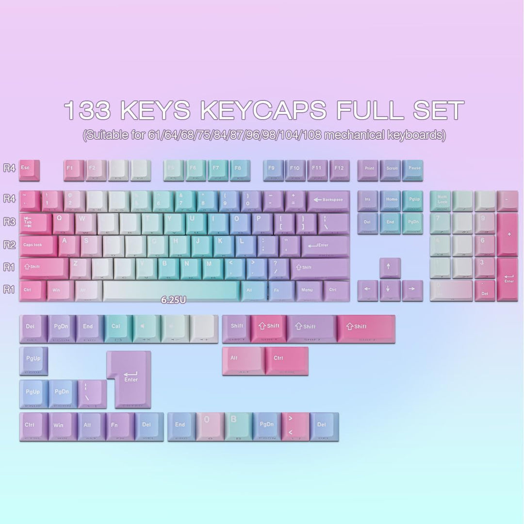 PBT Keycaps, 133 Keys Y2K Aesthetic Gradient Keycaps, Double Shot Shine Through Side Printed Keycap,