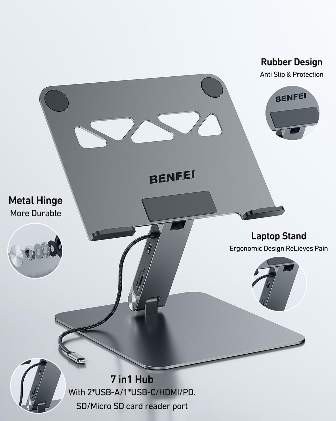 BENFEI Laptop Ständer mit 7-in-1 USB C Dockingstation – HDMI (4K@60Hz), 1×SD& 1×Micro SD Kartenleser