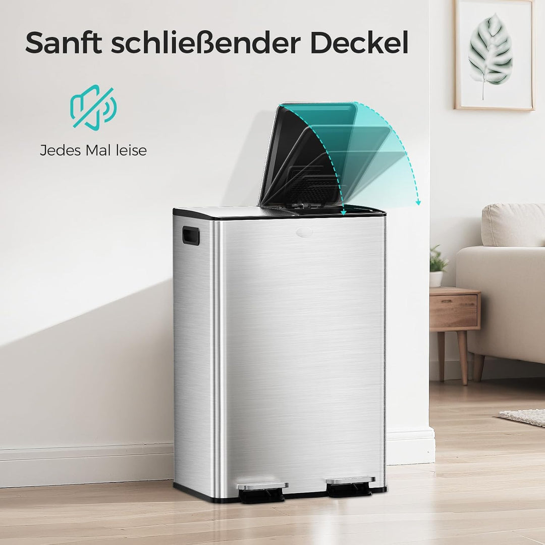 YASHE Mülleimer 2 Fächer mit Deckel, 2x30L Mülleimer Küche, Tretmülleimer Edelstahl mit 20 Müllbeute