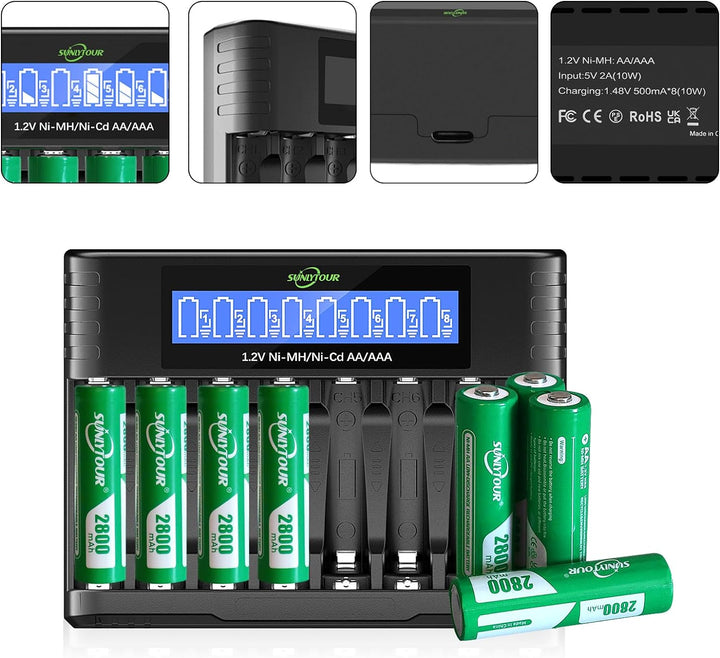 2800mAh NI-MH AA Batterie mit Ladegerät,SUNLYTOUR 8 Stück 2800mAh AA NI-MH Batterien mit 8 Slots AAA