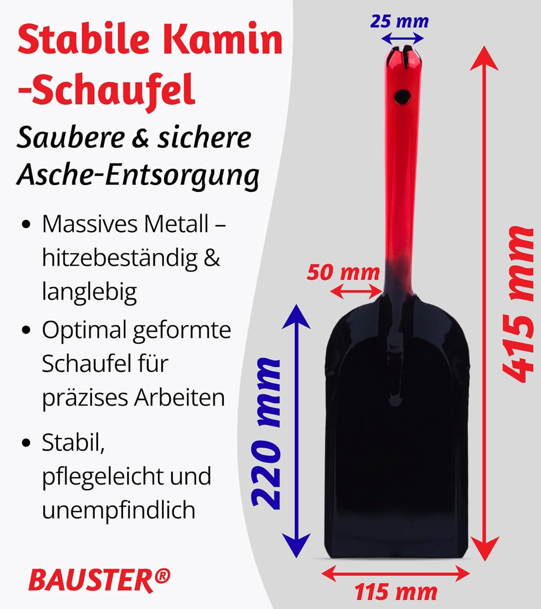 BAUSTER® Kaminbesteck Set Mit Schürhaken, Aschekratzer, Kehrschaufel und Kohlenkasten/Aschebehälter