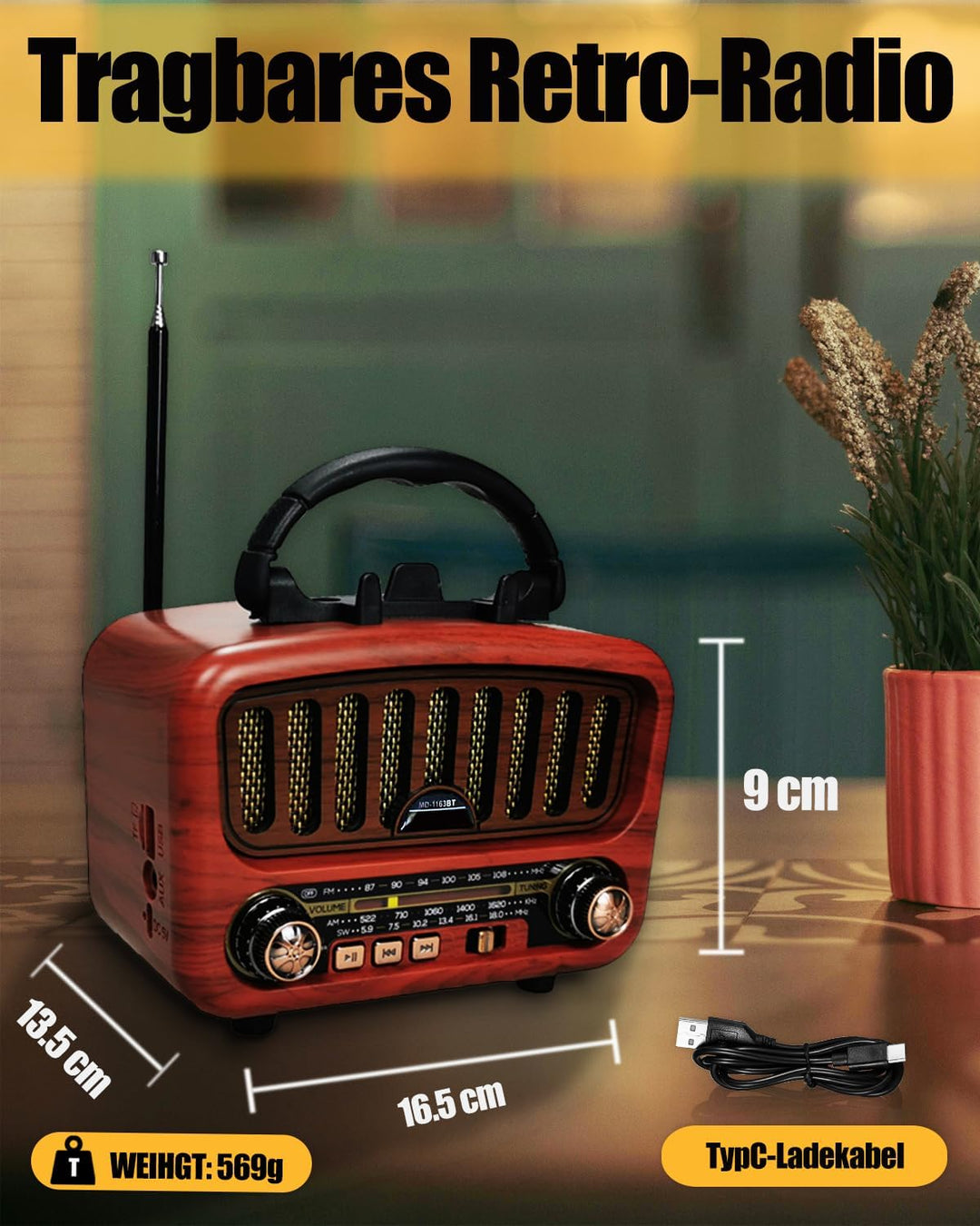 Retro Radio mit Bluetooth, AM/FM/SW Tragbares Radio Klein 5W grosser Lautsprecher und Bluetooth 5.0,