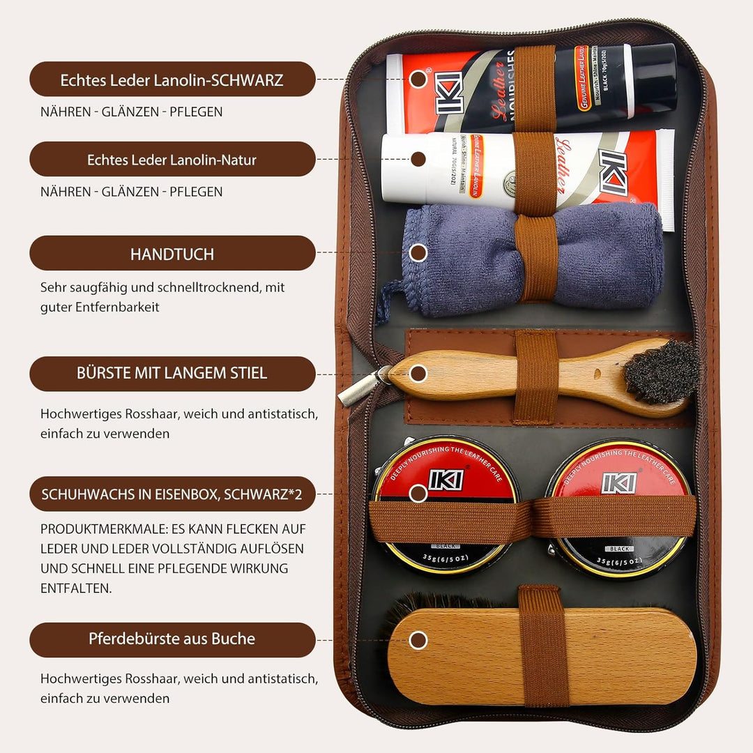 IKI Premium Lederschuhpflegeset - farbloses & schwarzes Lanolin, Schuhwachs, 2 Rosshaarbürsten, Flan