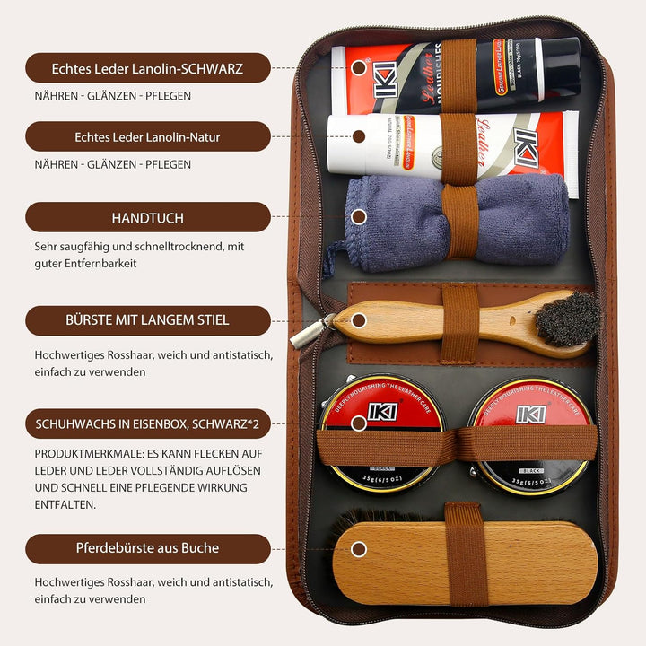 IKI Premium Lederschuhpflegeset - farbloses & schwarzes Lanolin, Schuhwachs, 2 Rosshaarbürsten, Flan