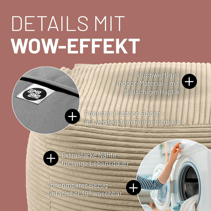 Lumaland Modular Sitzsack Hocker Cord 140 L für Modulares Sofa | ideales Match mit Sessel | EPS Perl
