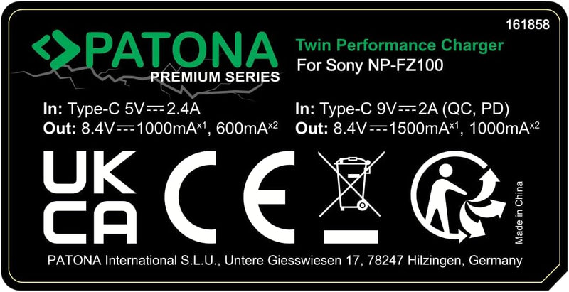 PATONA NP-FZ100 PD-Performance Akku-Ladegerät (1500mA) USB-C Mini Dual LCD - PD/QC fähig (161858)