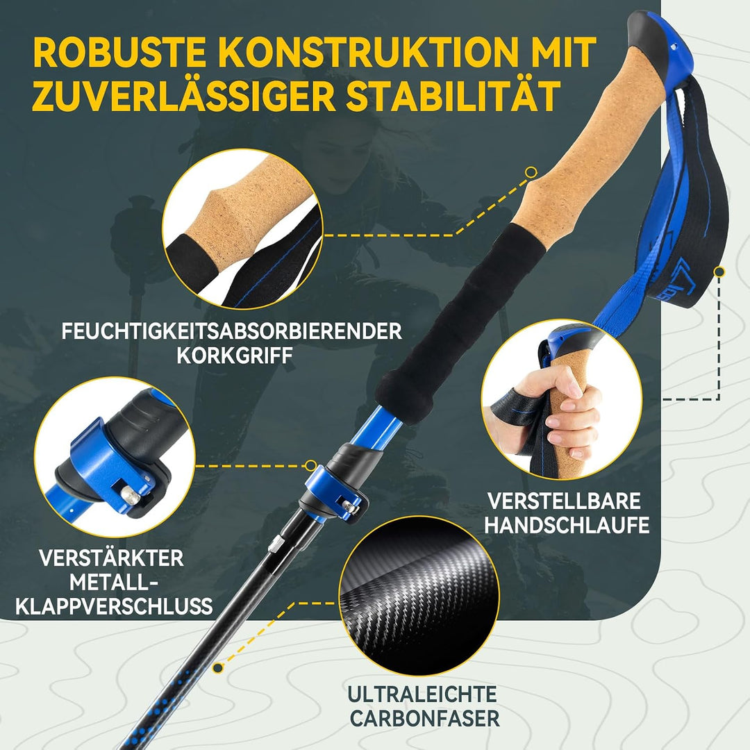 Clostnature Wanderstöcke Faltbar Carbon - Leichte Faltbare Trekkingstöcke mit Korkgriff, Walking Stö