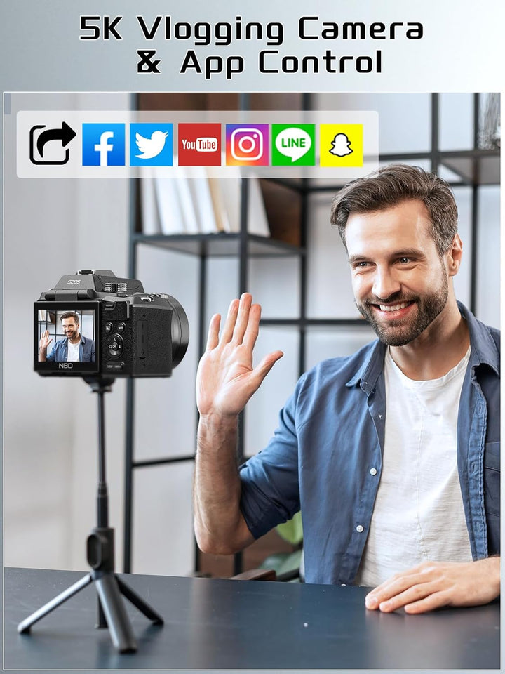 Camera QCY 64MP Digitalkamera Fotokamera und Video, 5K Vlog Kamera mit 3'' Flip Screen, 16X Digitalz
