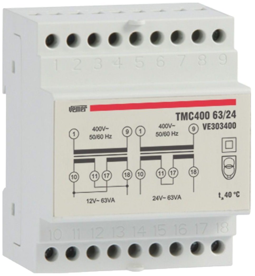 VEMER VE303400 TMC 400 63/24 - Trafo für Hutschienen mit Primärspannung 400V, Sekundärspannung 12-24