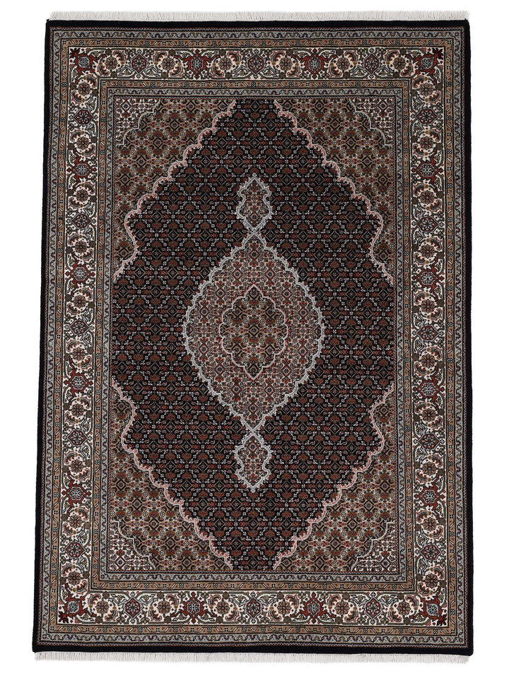 carpetfine Tabriz Mahi Teppich Schwarz 60x90 cm | Handgeknüpfter Teppich für Wohn- und Schlafzimmer