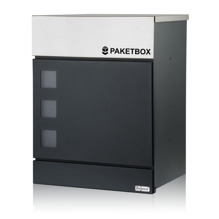 Zelsius Briefkasten Jordan mit Paketfach | pulverbeschichteter Stahl mit Edelstahl Elementen | RAL70