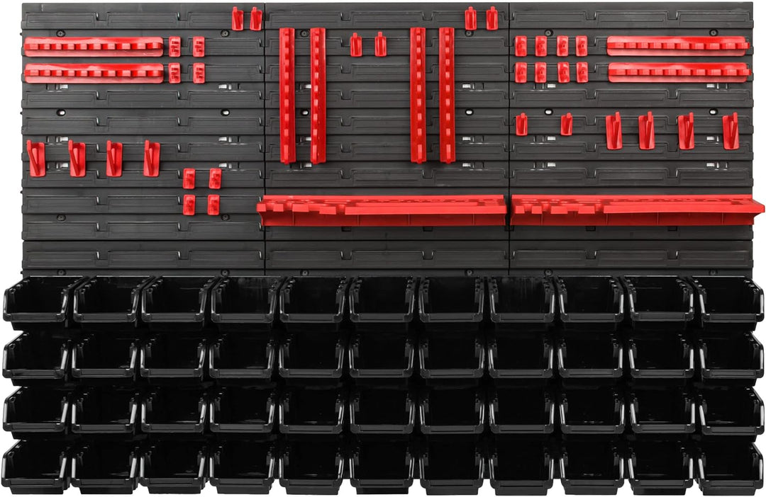 Lagersystem Werkstattregal | 117 x 78 cm | 44 stck. Box | Wandregal mit Werkzeughalterungen und Stap