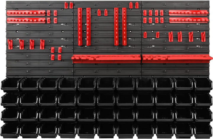 Lagersystem Werkstattregal | 117 x 78 cm | 44 stck. Box | Wandregal mit Werkzeughalterungen und Stap
