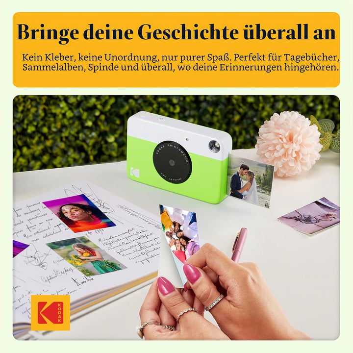 KODAK Printomatic Sofortbildkamera (Grün) Basis-Paket + Zinkpapier (20 Blätter) Etui + Bequemer Hals