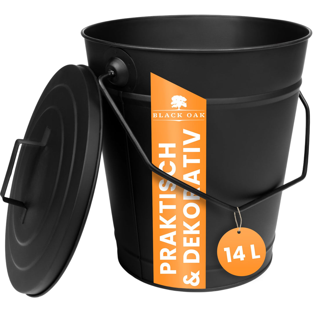 BLACK OAK Ascheeimer ETNA 14L – schwarz mit Deckel - gross 14 Liter - Stahl feuerfest verzinkt & pul