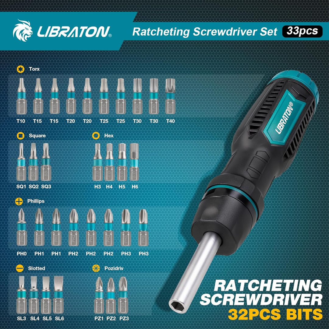 LIBRATON Ratschenschraubendreher Set, Multi Schraubendreher, 33-in-1 Magnetischer Schraubendreher, S