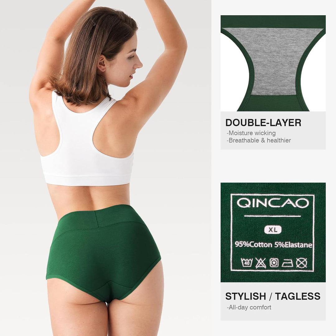 QINCAO Unterhosen Damen, 6er Pack Hohe Taille Slips Baumwolle Unterwäsche, Stretch Atmungsaktiv Pant